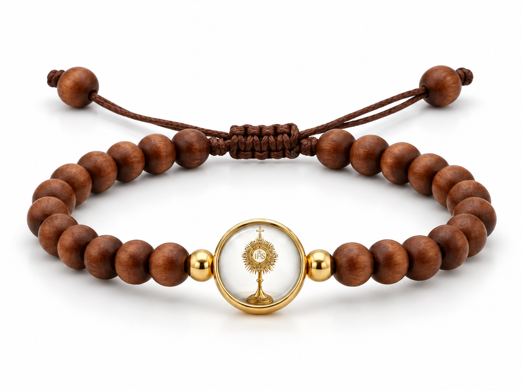 Blessed Sacrament Eucharistic monstrance wooden bead adjustable brown cord bracelet
