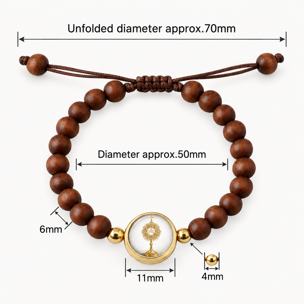 Blessed Sacrament wooden bead bracelet dimensions 6 mm beads 11 mm centerpiece