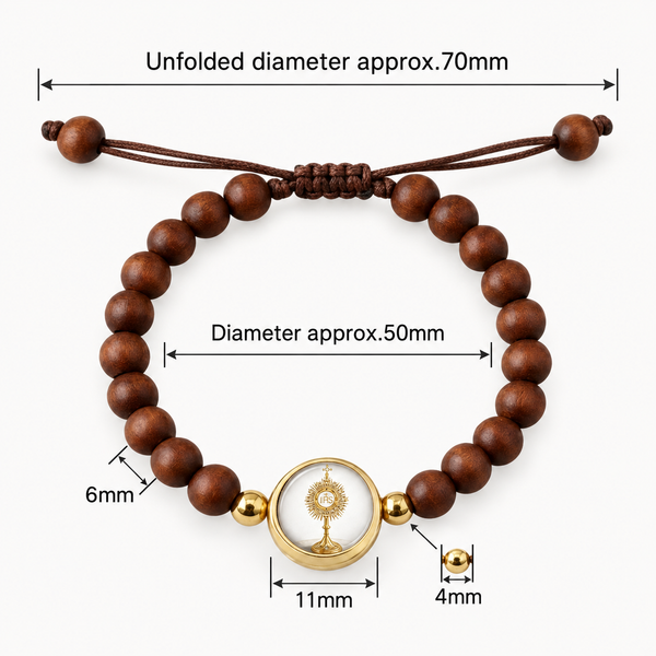 Blessed Sacrament wooden bead bracelet dimensions 6 mm beads 11 mm centerpiece