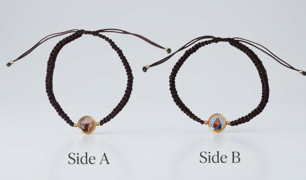 Brown woven scapular bracelet displayed from both sides