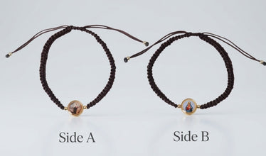 Brown woven scapular bracelet displayed from both sides