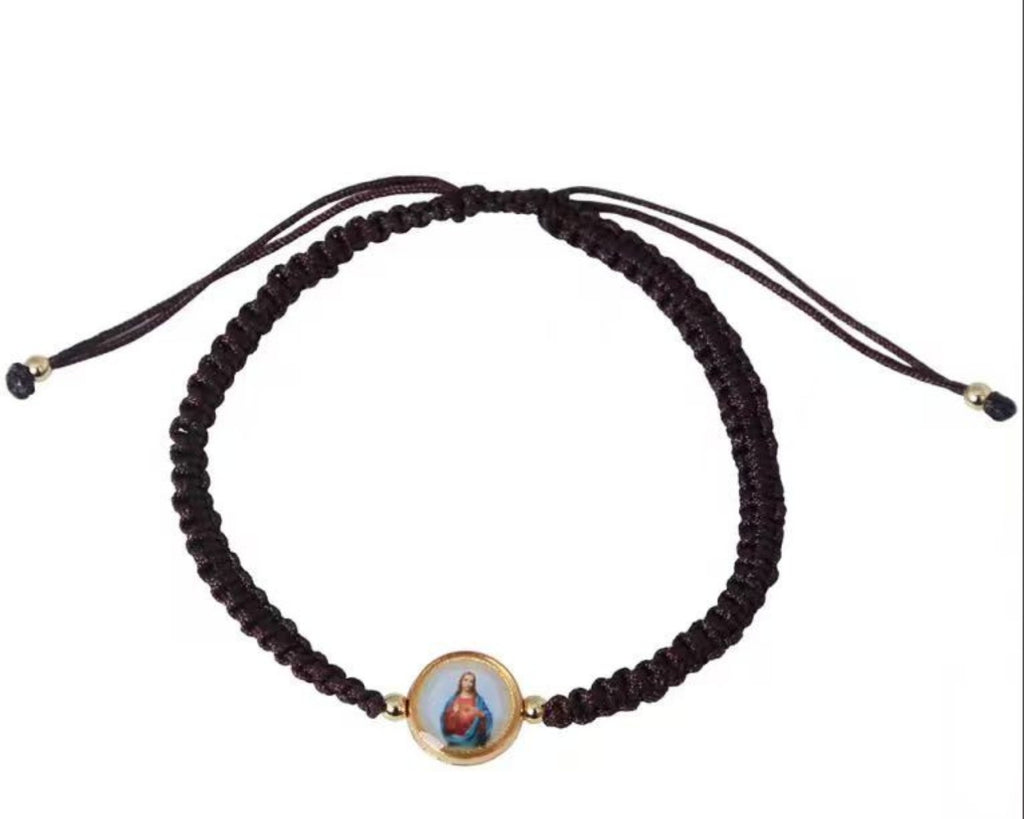 Brown adjustable macrame bracelet with Sacred Heart of Jesus medal