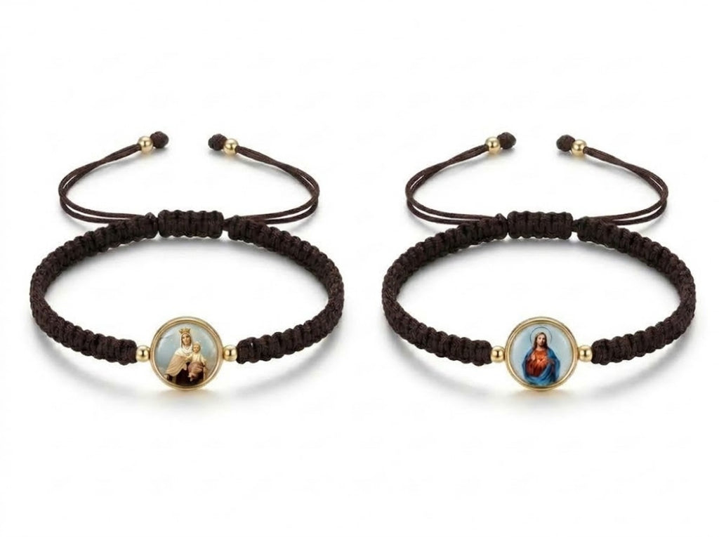 Brown macrame Catholic bracelet showing both sides of the Sacred Heart and Mount Carmel medal