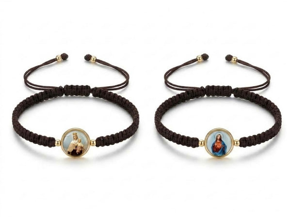 Brown macrame Catholic bracelet showing both sides of the Sacred Heart and Mount Carmel medal