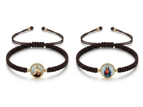 Brown macrame Catholic bracelet showing both sides of the Sacred Heart and Mount Carmel medal