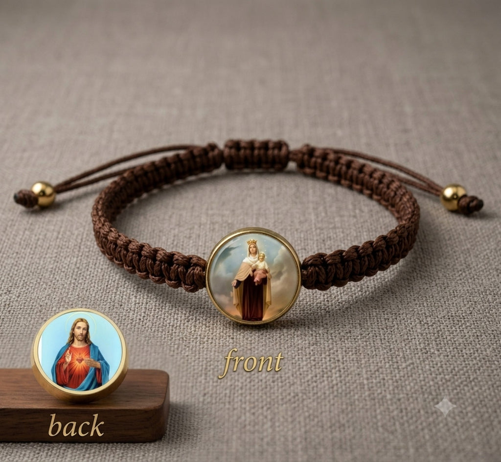 Brown adjustable macrame scapular bracelet with Our Lady of Mount Carmel and Sacred Heart of Jesus double-sided medal