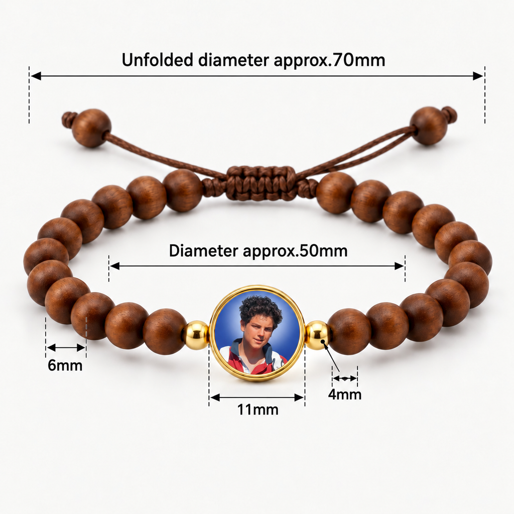 Carlo Acutis bracelet measurements: 6 mm brown beads, 11 mm center, approximately 50 to 70 mm diameter