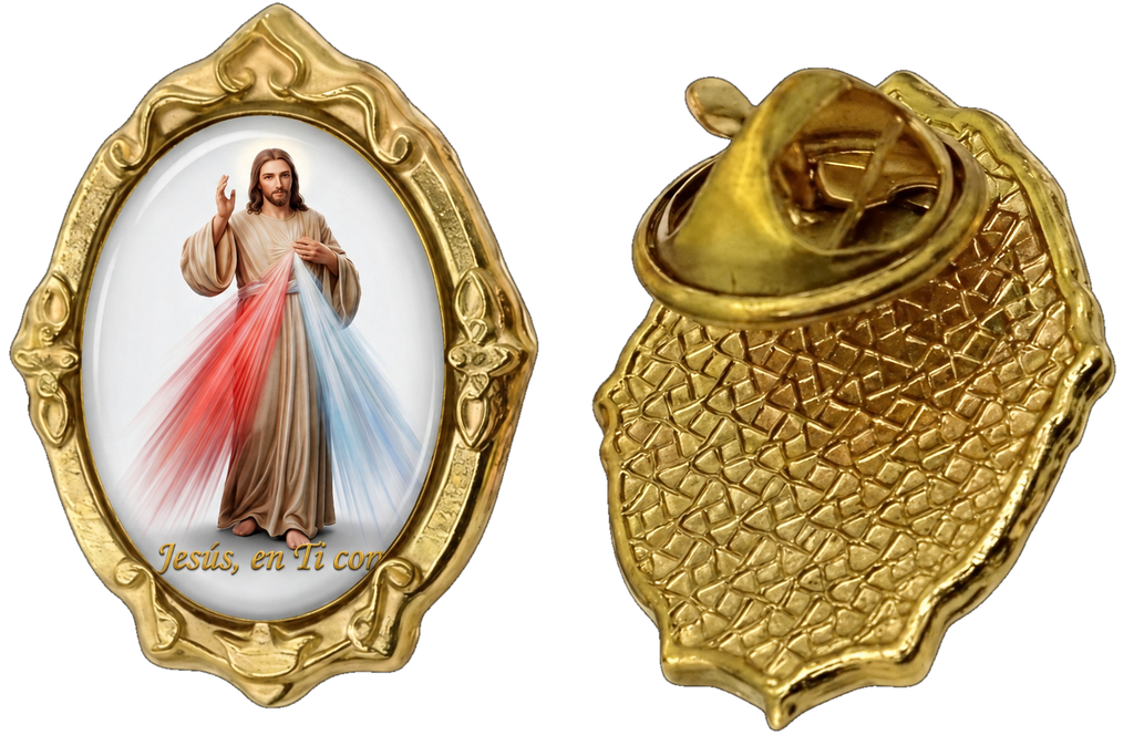 Gold-tone Divine Mercy / Divina Misericordia pin, front and back on white background