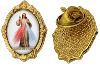 Gold-tone Divine Mercy / Divina Misericordia pin, front and back on white background