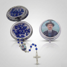 Dr. José Gregorio Hernández blue crystal rosary with Saint Benedict crucifix and matching metal keepsake box