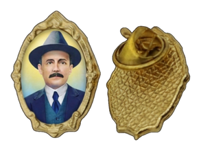 Gold-tone Dr. José Gregorio Hernández devotional pin, front and back on white background