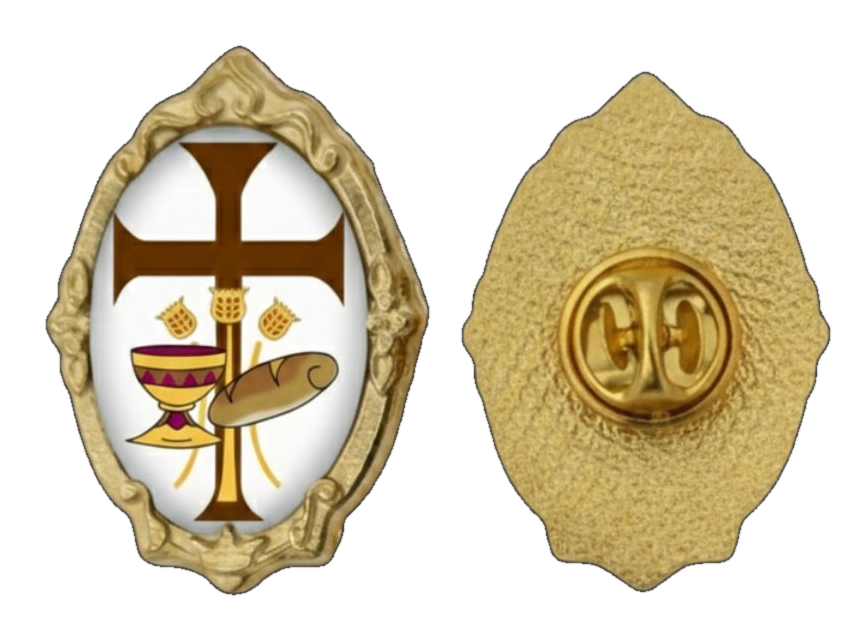 Gold-tone Emmaus Movement Retreats Symbol / El Símbolo del Movimiento de Emmaus pin, front and back on white background