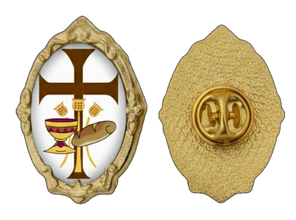 Gold-tone Emmaus Movement Retreats Symbol / El Símbolo del Movimiento de Emmaus pin, front and back on white background