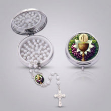 First Holy Communion white crystal rosary with Saint Benedict crucifix and matching Eucharistic keepsake box