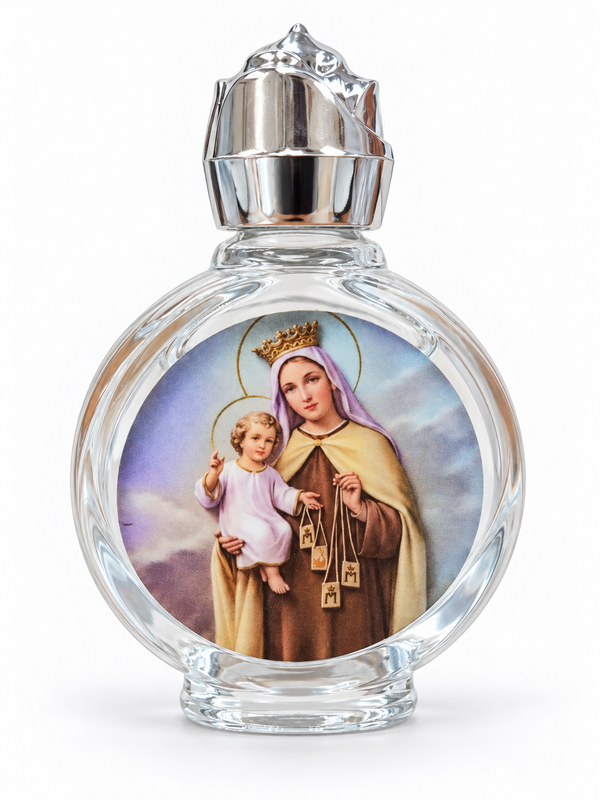 Our Lady of Mount Carmel glass holy water bottle with silver-tone cap