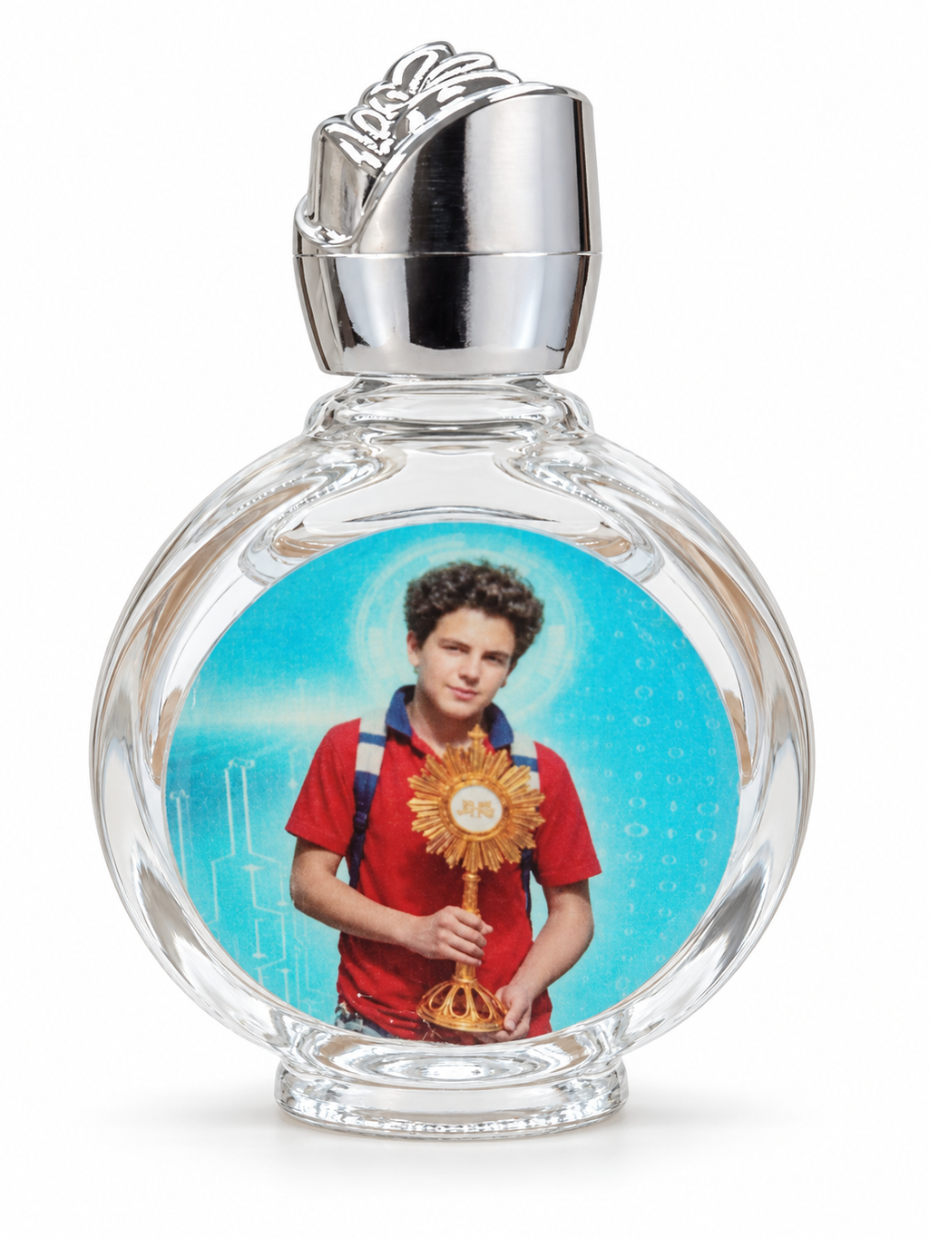 Saint Carlo Acutis glass holy water bottle with silver-tone cap