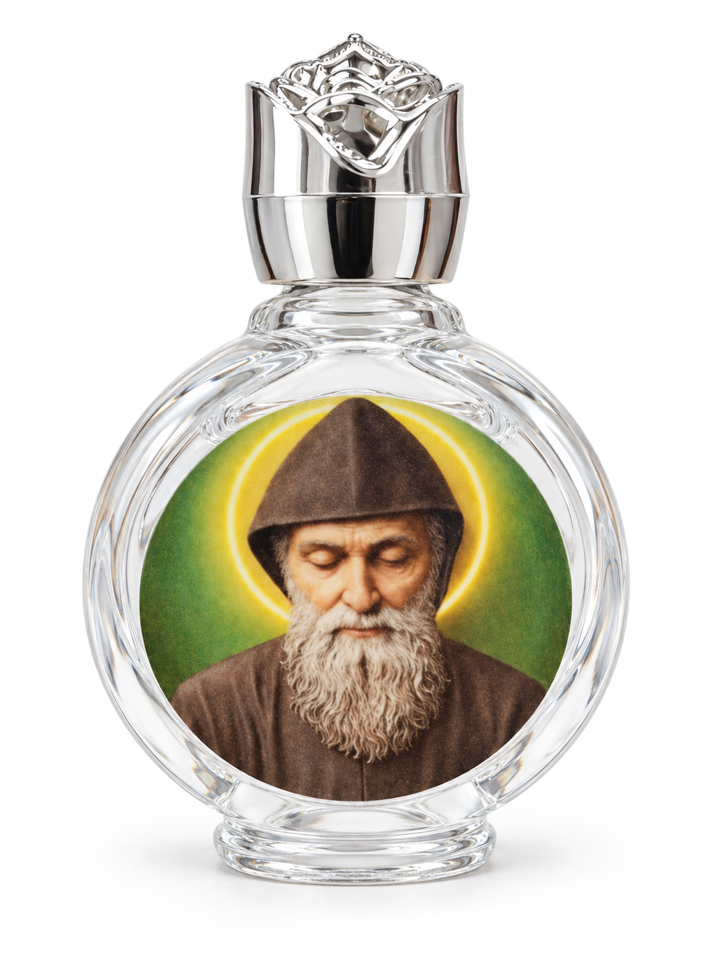 Saint Charbel glass holy water bottle with silver-tone cap
