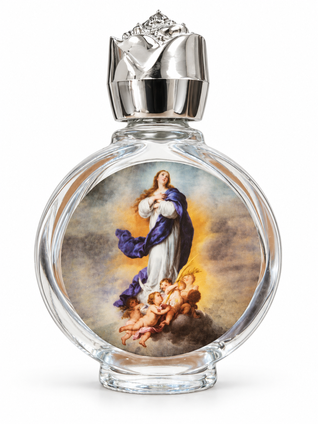 Immaculate Conception glass holy water bottle with silver-tone cap