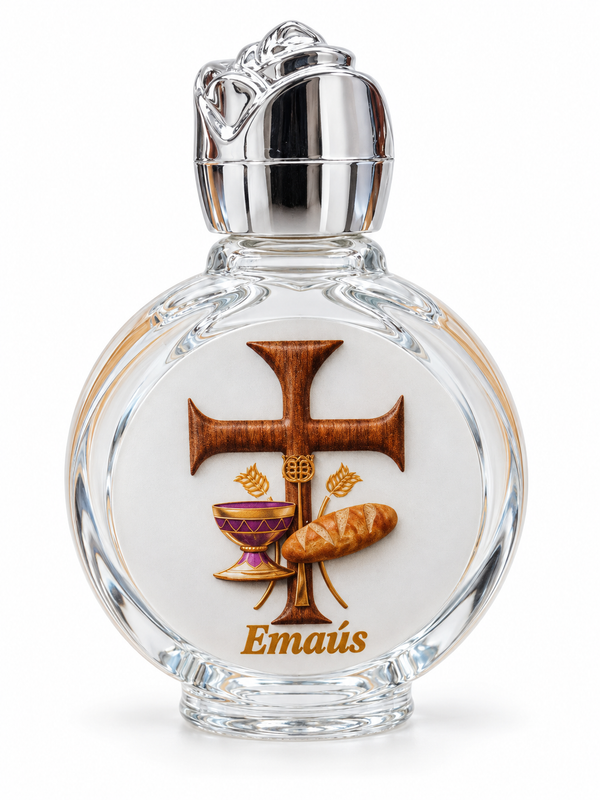Emmaus Cross glass holy water bottle with silver-tone cap