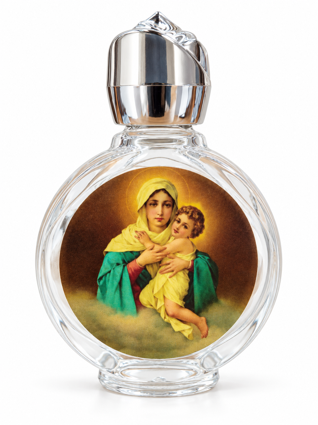 Virgin Mary and Child glass holy water bottle with silver-tone cap