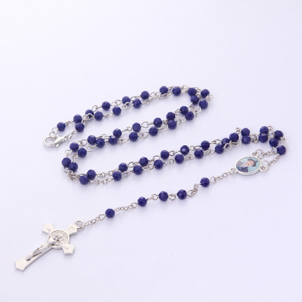 Gifts and Faith Dr. José Gregorio Hernández rosary with blue crystal beads, silver-tone chain, and Saint Benedict cross
