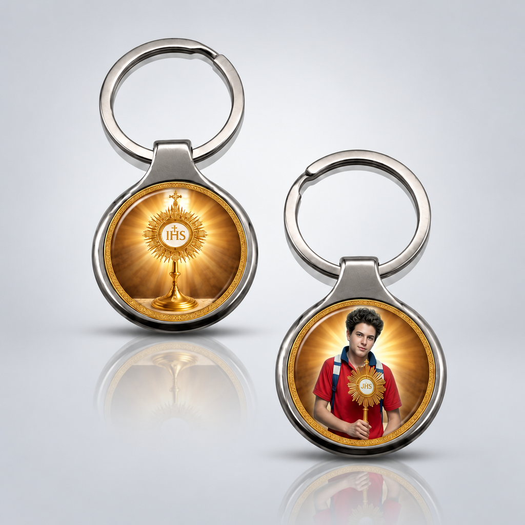 Saint Carlo Acutis and the Eucharist Catholic silver-tone keychain, main product photo without dimensions