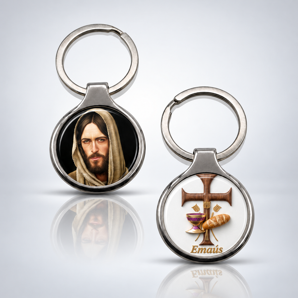 Jesus and Emmaus Catholic silver-tone keychain, main product photo without dimensions