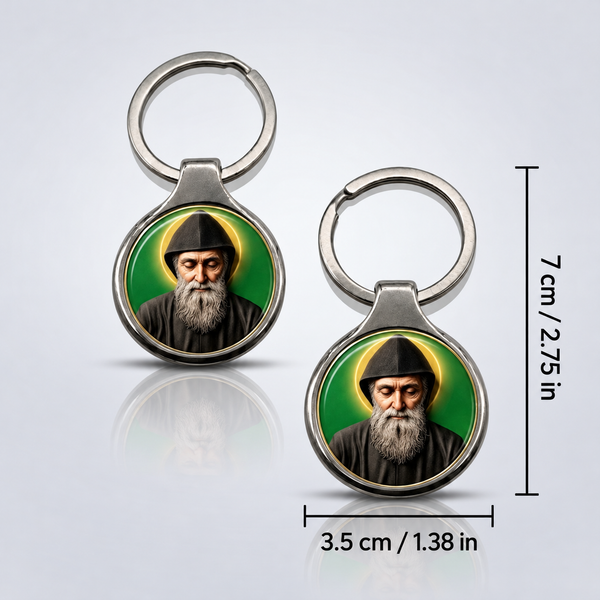 Saint Charbel Makhlouf keychain dimension photo, 7 cm height and 3.5 cm pendant width