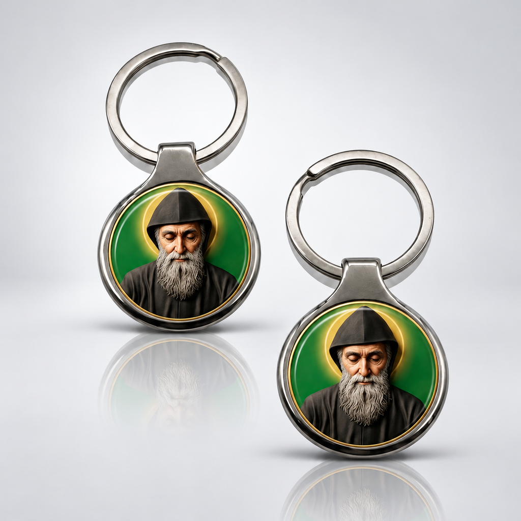 Saint Charbel Makhlouf Catholic silver-tone keychain, main product photo without dimensions