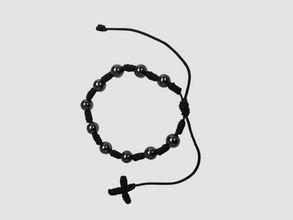 Black adjustable cord decenario bracelet with ten shiny dark hematite beads and cord cross