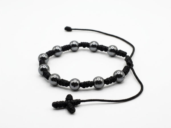 Adjustable hematite bead decade rosary bracelet in black knotted cord with woven cross