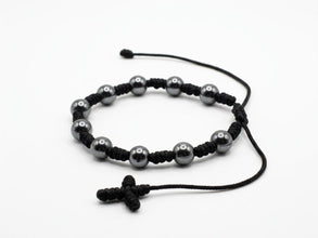 Adjustable hematite bead decade rosary bracelet in black knotted cord with woven cross