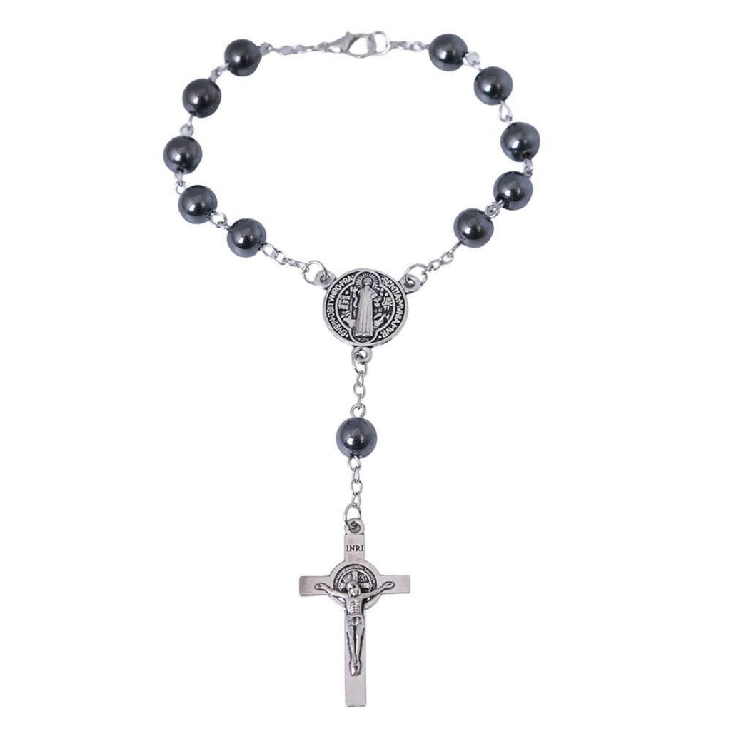 Hematite Saint Benedict auto rosary with silver-tone crucifix