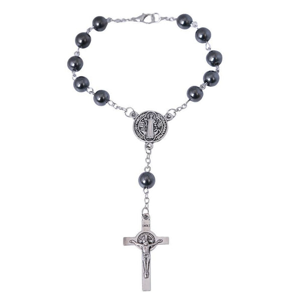 Hematite Saint Benedict auto rosary with silver-tone crucifix