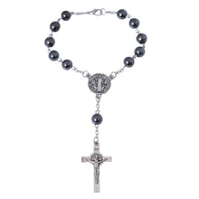 Hematite Saint Benedict auto rosary with silver-tone crucifix