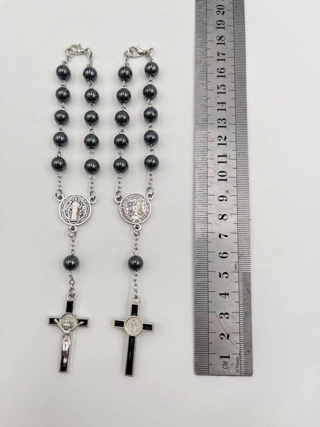 Hematite Saint Benedict auto rosary size shown with ruler