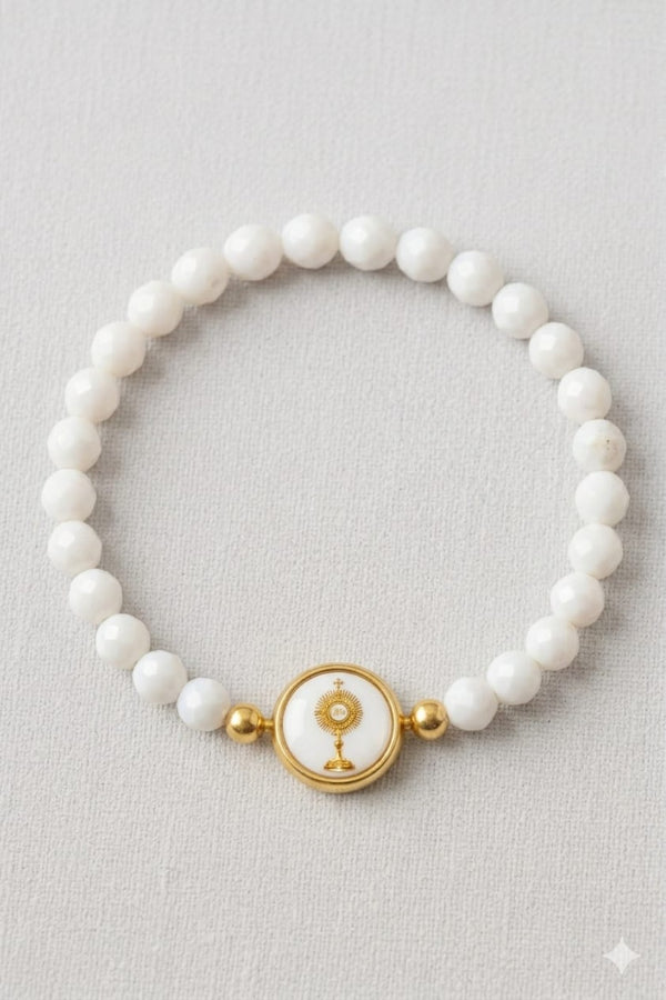 Santísimo Sacramento: pulsera elástica de cristal blanco, vista superior
