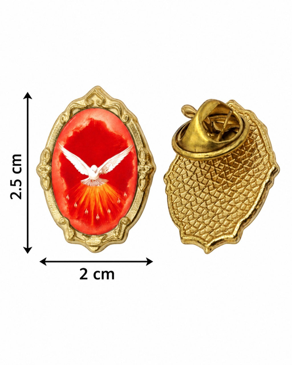Gold-tone Holy Spirit / Espíritu Santo lapel pin, front and back, 2.5 x 2 cm