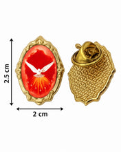 Gold-tone Holy Spirit / Espíritu Santo lapel pin, front and back, 2.5 x 2 cm