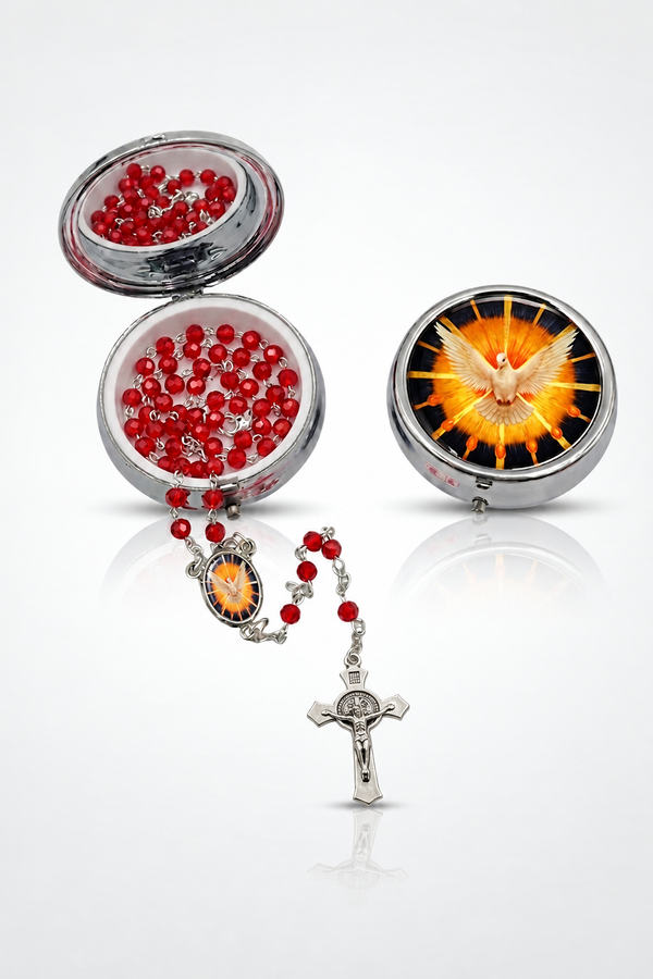 Holy Spirit red crystal rosary with matching keepsake box