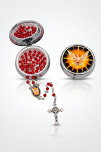 Holy Spirit red crystal rosary with Saint Benedict crucifix and matching silver-tone metal keepsake box