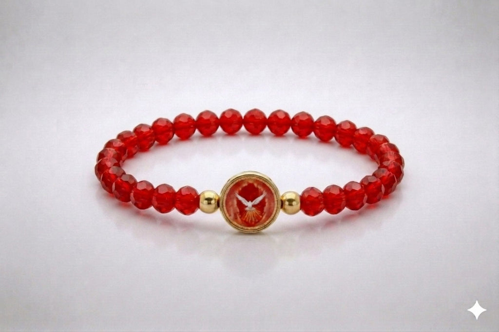 Holy Spirit red crystal elastic bracelet with gold-tone centerpiece, front view