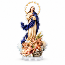 Immaculate Conception acrylic standee with Virgin Mary in blue and ivory, star halo and cherubs on white background