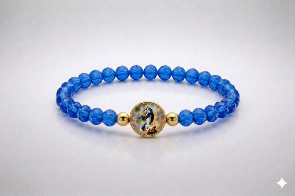 Immaculate Conception blue crystal elastic bracelet with gold-tone centerpiece, front view