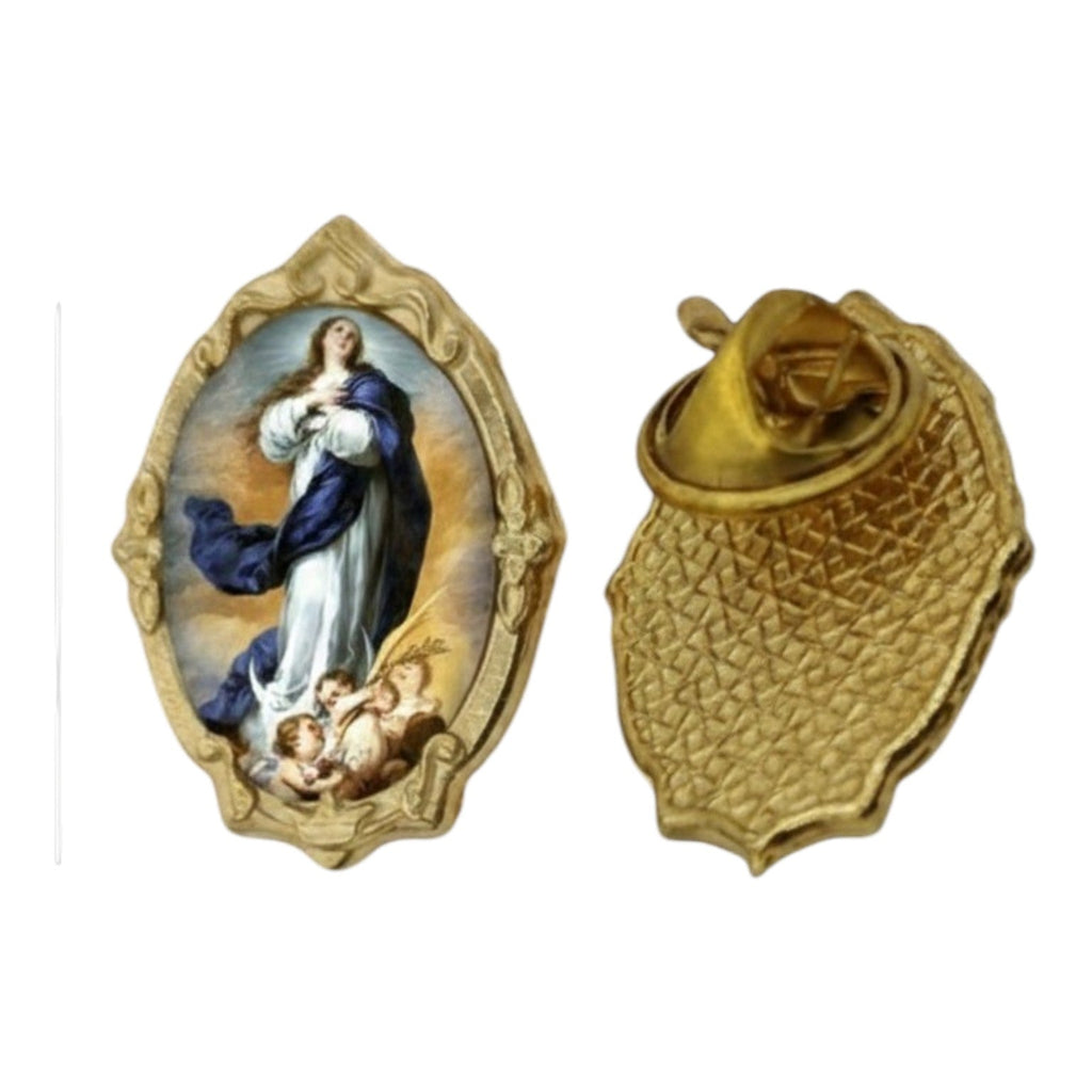Gold-tone Immaculate Conception / Inmaculada Concepción lapel pin, front and back on white background