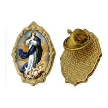 Gold-tone Immaculate Conception / Inmaculada Concepción lapel pin, front and back on white background
