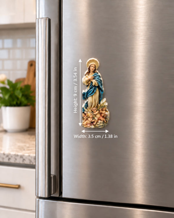 Virgin Mary magnet on refrigerator with height 9 cm and width 3.5 cm