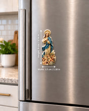 Virgin Mary magnet on refrigerator with height 9 cm and width 3.5 cm