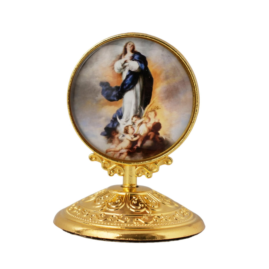 Immaculate Conception gold-tone tabletop plaque, La Purísima, patroness of Nicaragua