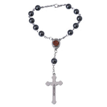 Hematite car rosary with Jerusalem soil medal and Jerusalem cross reverse